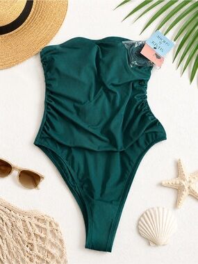 NWT Shade & Shore Ribbed Green Strapless One Piece Swimsuit M